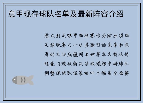意甲现存球队名单及最新阵容介绍